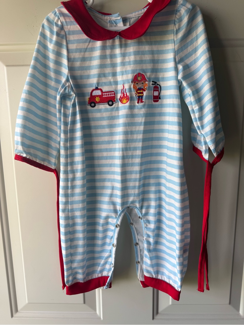 Striped Firefighter One-Piece Bodysuit in Light Blue & Red